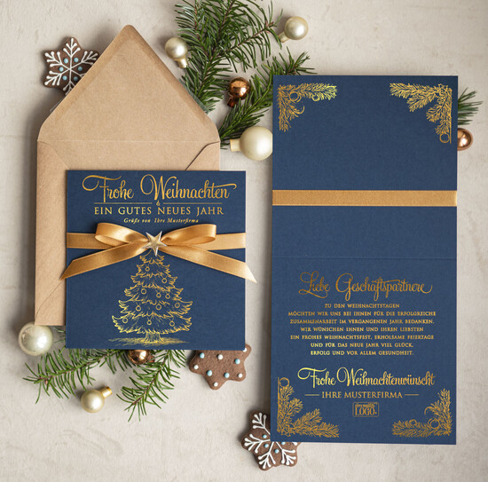 karten Satinband gold Weihnachtskarten mit Goldfolie, Exklusive Weihnachtskarten mit Schleife, Geschäftliche Weihnachtskarte edel, Weihnachtskarten mit Satinband, Individuelle Weihnachtskarten für Unternehmen 01/stgold/Wkten