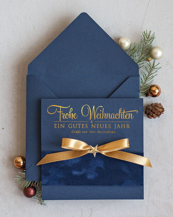 karten Satinband gold Weihnachtskarten mit Goldfolie, Exklusive Weihnachtskarten mit Schleife, Geschäftliche Weihnachtskarte edel, Weihnachtskarten mit Satinband, Individuelle Weihnachtskarten für Unternehmen 08/stgold/Wkten