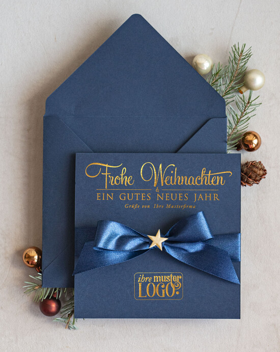 karten Satinband gold Weihnachtskarten mit Goldfolie, Exklusive Weihnachtskarten mit Schleife, Geschäftliche Weihnachtskarte edel, Weihnachtskarten mit Satinband, Individuelle Weihnachtskarten für Unternehmen 06/stgold/Wkten