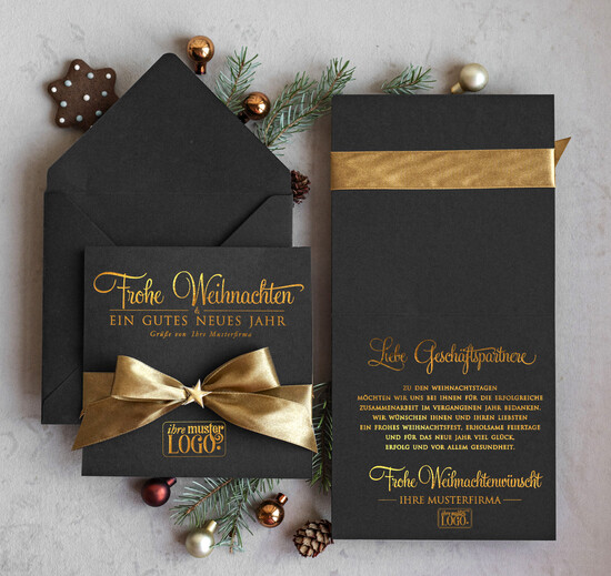 karten Satinband gold Weihnachtskarten mit Goldfolie, Exklusive Weihnachtskarten mit Schleife, Geschäftliche Weihnachtskarte edel, Weihnachtskarten mit Satinband, Individuelle Weihnachtskarten für Unternehmen 10/stgold/Wkten