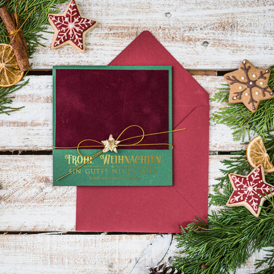 karten Satinband gold Weihnachtskarten mit Goldfolie, Exklusive Weihnachtskarten mit Schleifen, Elegante Firmen-Weihnachtskarten, Weihnachtskarten mit Bändern, Individuelle Weihnachtskarten für Firmen 23/stgold/Wkten