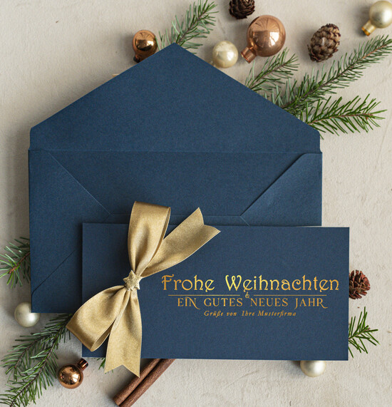 karten Satinband gold Weihnachtskarten mit Goldfolie, Exklusive Weihnachtskarten mit Schleife, Geschäftliche Weihnachtskarte edel, Weihnachtskarten mit Satinband, Individuelle Weihnachtskarten für Unternehmen 01/stgoldDL/Wkten