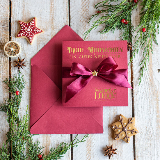 karten Satinband gold Weihnachtskarten mit Goldfolie, Exklusive Weihnachtskarten mit Schleifen, Elegante Firmen-Weihnachtskarten, Weihnachtskarten mit Bändern, Individuelle Weihnachtskarten für Firmen 13/stgold/Wkten