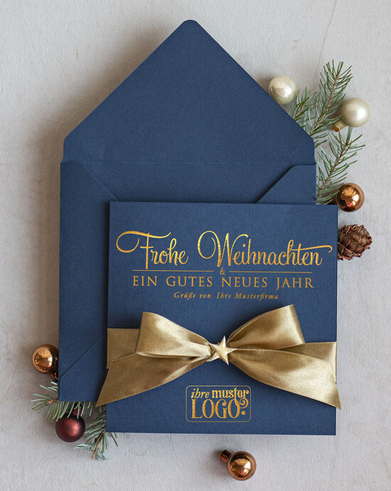 karten Satinband gold Weihnachtskarten mit Goldfolie, Exklusive Weihnachtskarten mit Schleife, Geschäftliche Weihnachtskarte edel, Weihnachtskarten mit Satinband, Individuelle Weihnachtskarten für Unternehmen 05/stgold/Wkten