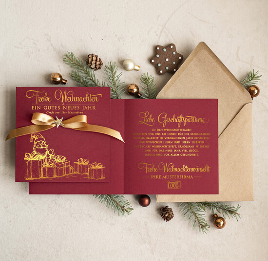 karten Satinband gold Weihnachtskarten mit Goldfolie, Exklusive Weihnachtskarten mit Schleife, Geschäftliche Weihnachtskarte edel, Weihnachtskarten mit Satinband, Individuelle Weihnachtskarten für Unternehmen 02/stgold/Wkten