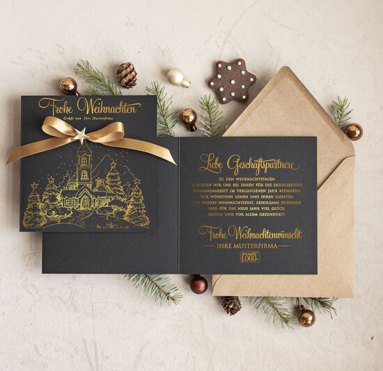 karten Satinband gold Weihnachtskarten mit Goldfolie, Exklusive Weihnachtskarten mit Schleife, Geschäftliche Weihnachtskarte edel, Weihnachtskarten mit Satinband, Individuelle Weihnachtskarten für Unternehmen 03/stgold/Wkten