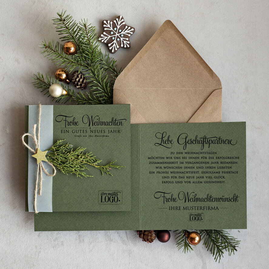 karten eco Weihnachtskarten für Firmen, Exklusive nachhaltige Weihnachtskarte für Geschäftspartner mit Logo & Wunschtext, geschäftliche Weihnachtskarte, Weihnachten Geschäftlich