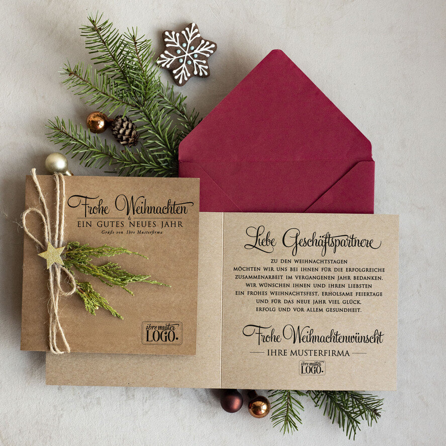 karten eco Weihnachtskarten für Firmen, Exklusive nachhaltige Weihnachtskarte für Geschäftspartner mit Logo & Wunschtext, geschäftliche Weihnachtskarte, Weihnachten Geschäftlich