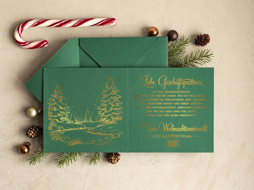 karten golden Exklusive Weihnachtskarte mit Goldfolie für Geschäftspartner Weihnachtskarten mit Goldfolie, Exklusive Weihnachtskarten für Geschäftspartner, Geschäftliche Weihnachtskarte edel, Weihnachtskarten mit Logo