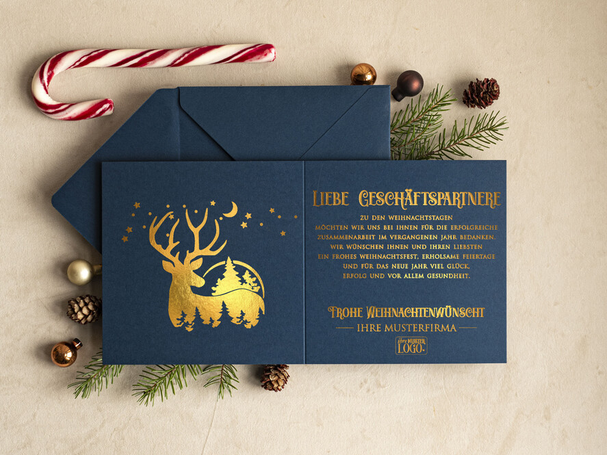 karten golden Exklusive Weihnachtskarte mit Goldfolie für Geschäftspartner Weihnachtskarten mit Goldfolie, Exklusive Weihnachtskarten für Geschäftspartner, Geschäftliche Weihnachtskarte edel, Weihnachtskarten mit Logo