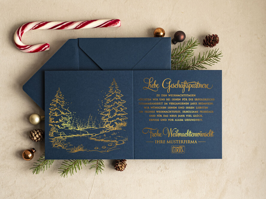 karten golden Exklusive Weihnachtskarte mit Goldfolie für Geschäftspartner Weihnachtskarten mit Goldfolie, Exklusive Weihnachtskarten für Geschäftspartner, Geschäftliche Weihnachtskarte edel, Weihnachtskarten mit Logo