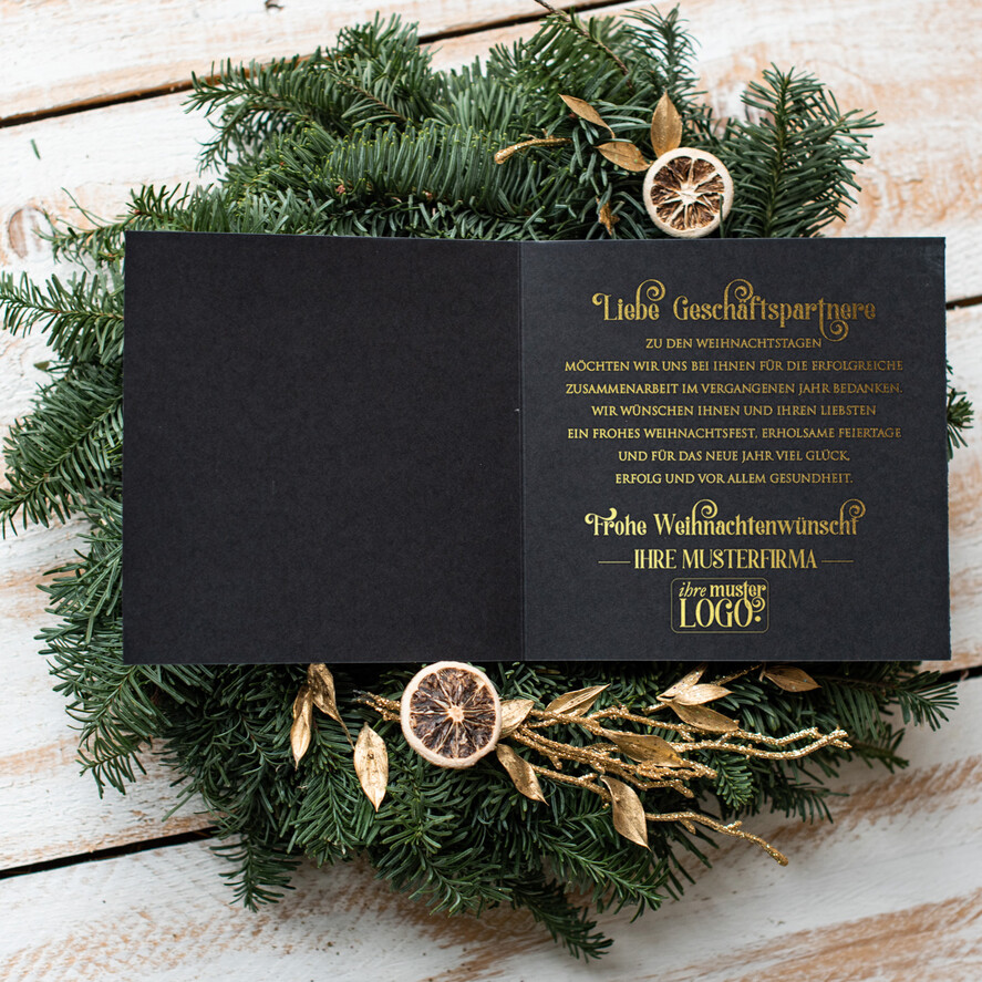 karten golden Exklusive Weihnachtskarte mit Goldfolie für Geschäftspartner Weihnachtskarten mit Goldfolie, Exklusive Weihnachtskarten für Geschäftspartner, Geschäftliche Weihnachtskarte edel, Weihnachtskarten mit Logo