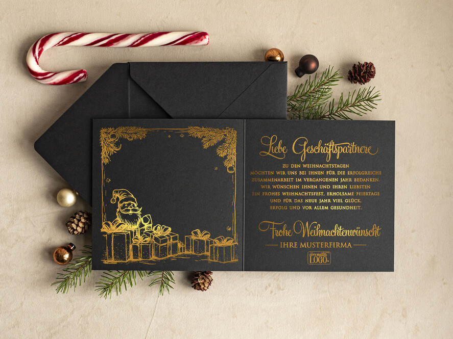 karten golden Exklusive Weihnachtskarte mit Goldfolie für Geschäftspartner Weihnachtskarten mit Goldfolie, Exklusive Weihnachtskarten für Geschäftspartner, Geschäftliche Weihnachtskarte edel, Weihnachtskarten mit Logo