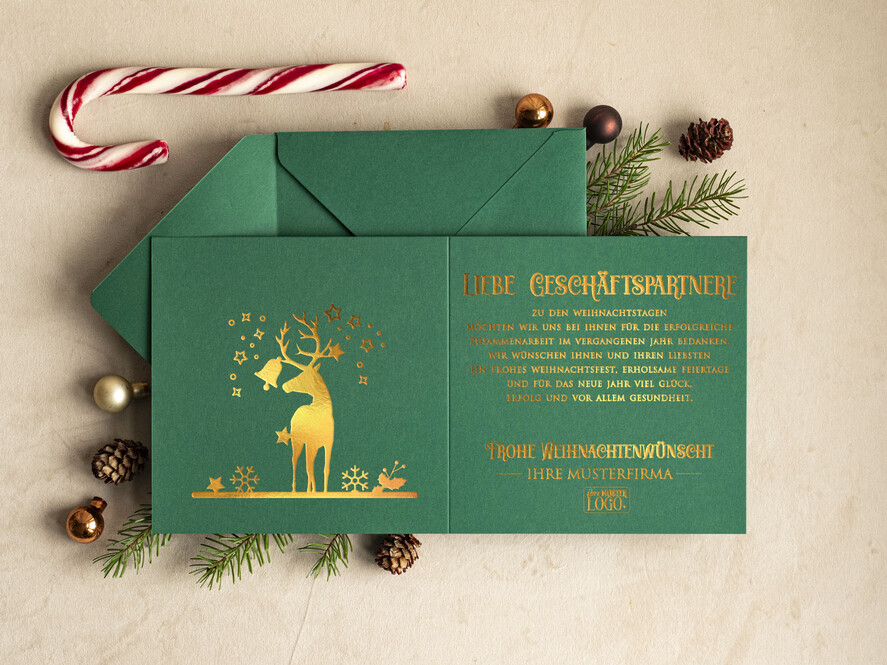 karten golden Exklusive Weihnachtskarte mit Goldfolie für Geschäftspartner Weihnachtskarten mit Goldfolie, Exklusive Weihnachtskarten für Geschäftspartner, Geschäftliche Weihnachtskarte edel, Weihnachtskarten mit Logo