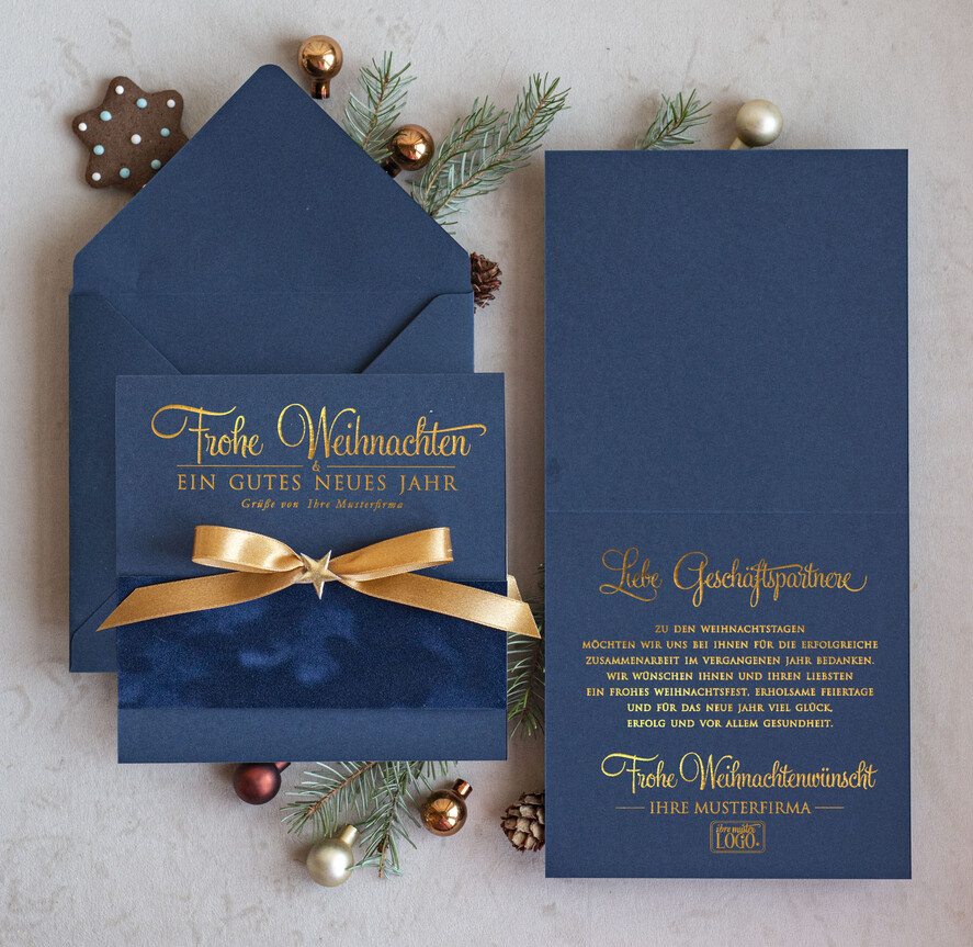 karten Satinband gold Weihnachtskarten mit Goldfolie, Exklusive Weihnachtskarten mit Schleife, Geschäftliche Weihnachtskarte edel, Weihnachtskarten mit Satinband, Individuelle Weihnachtskarten für Unternehmen