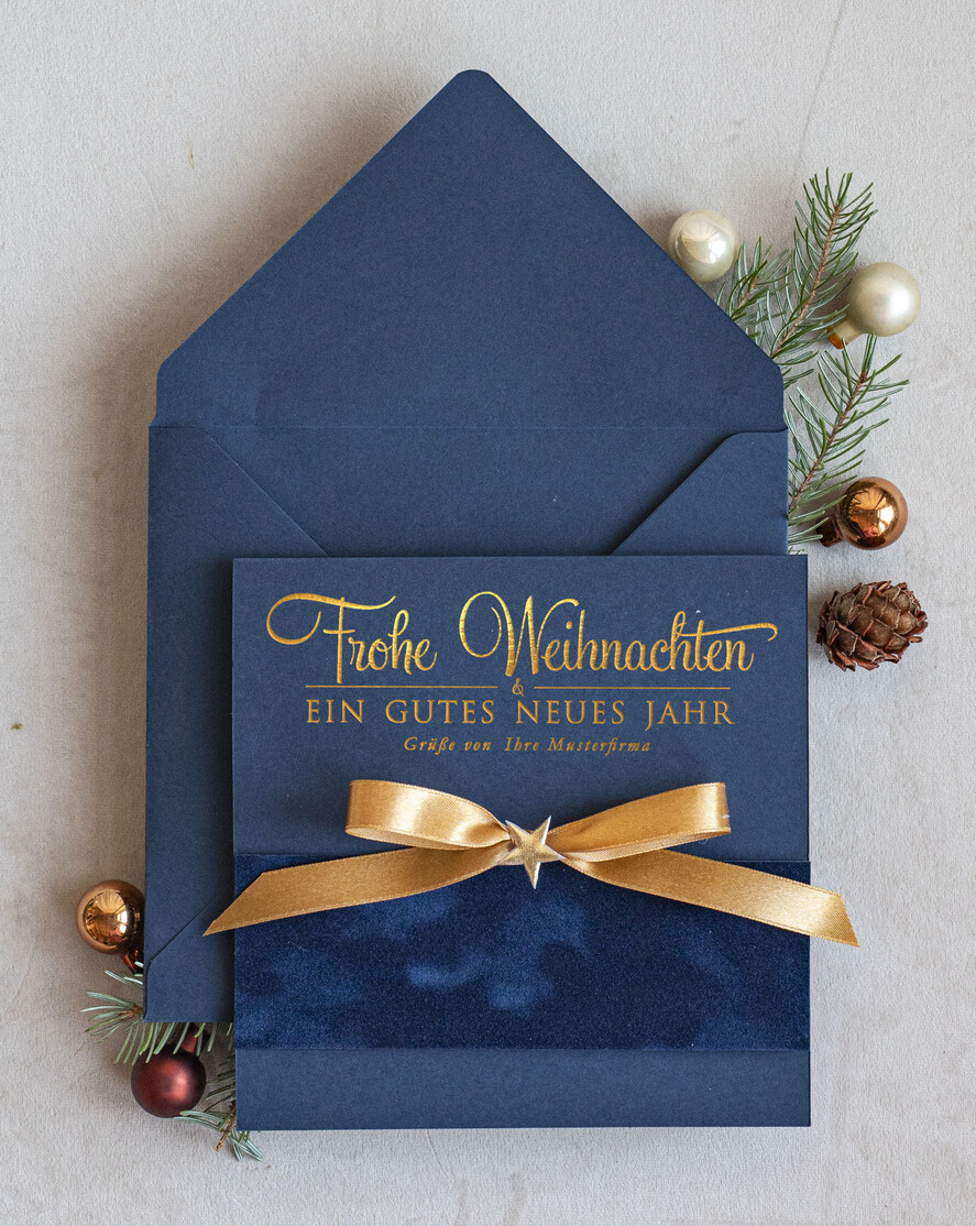 karten Satinband gold Weihnachtskarten mit Goldfolie, Exklusive Weihnachtskarten mit Schleife, Geschäftliche Weihnachtskarte edel, Weihnachtskarten mit Satinband, Individuelle Weihnachtskarten für Unternehmen