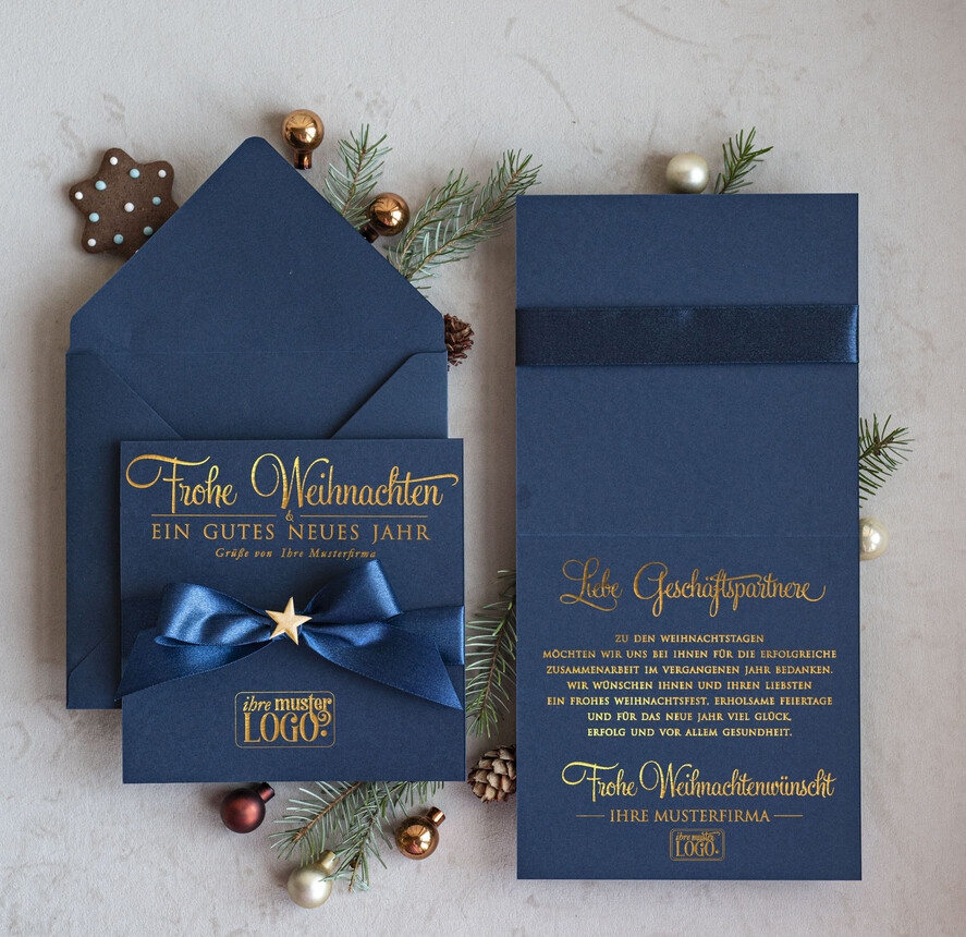 karten Satinband gold Weihnachtskarten mit Goldfolie, Exklusive Weihnachtskarten mit Schleife, Geschäftliche Weihnachtskarte edel, Weihnachtskarten mit Satinband, Individuelle Weihnachtskarten für Unternehmen