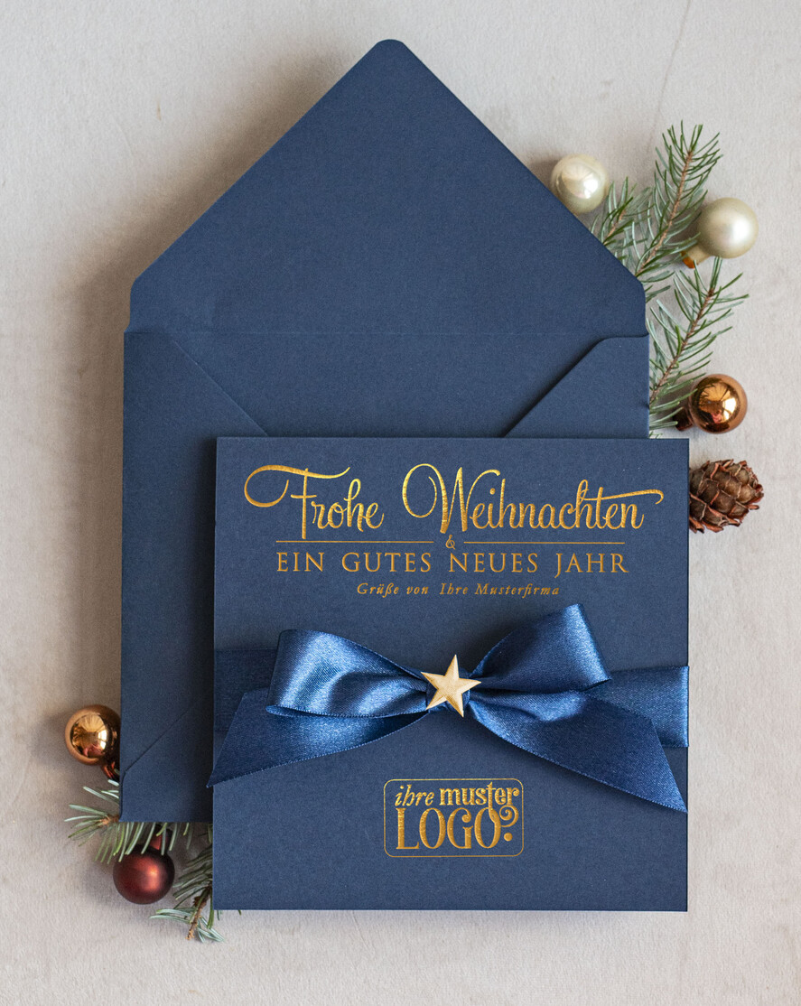 karten Satinband gold Weihnachtskarten mit Goldfolie, Exklusive Weihnachtskarten mit Schleife, Geschäftliche Weihnachtskarte edel, Weihnachtskarten mit Satinband, Individuelle Weihnachtskarten für Unternehmen