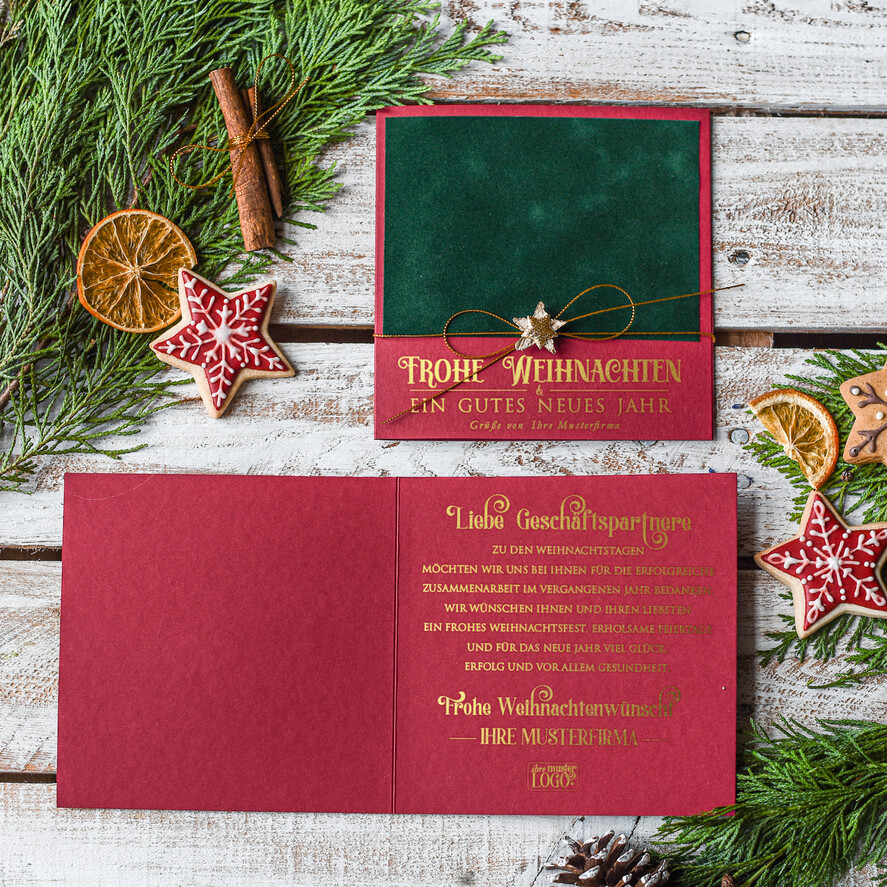 karten Satinband gold Weihnachtskarten mit Goldfolie, Exklusive Weihnachtskarten mit Schleifen, Elegante Firmen-Weihnachtskarten, Weihnachtskarten mit Bändern, Individuelle Weihnachtskarten für Firmen