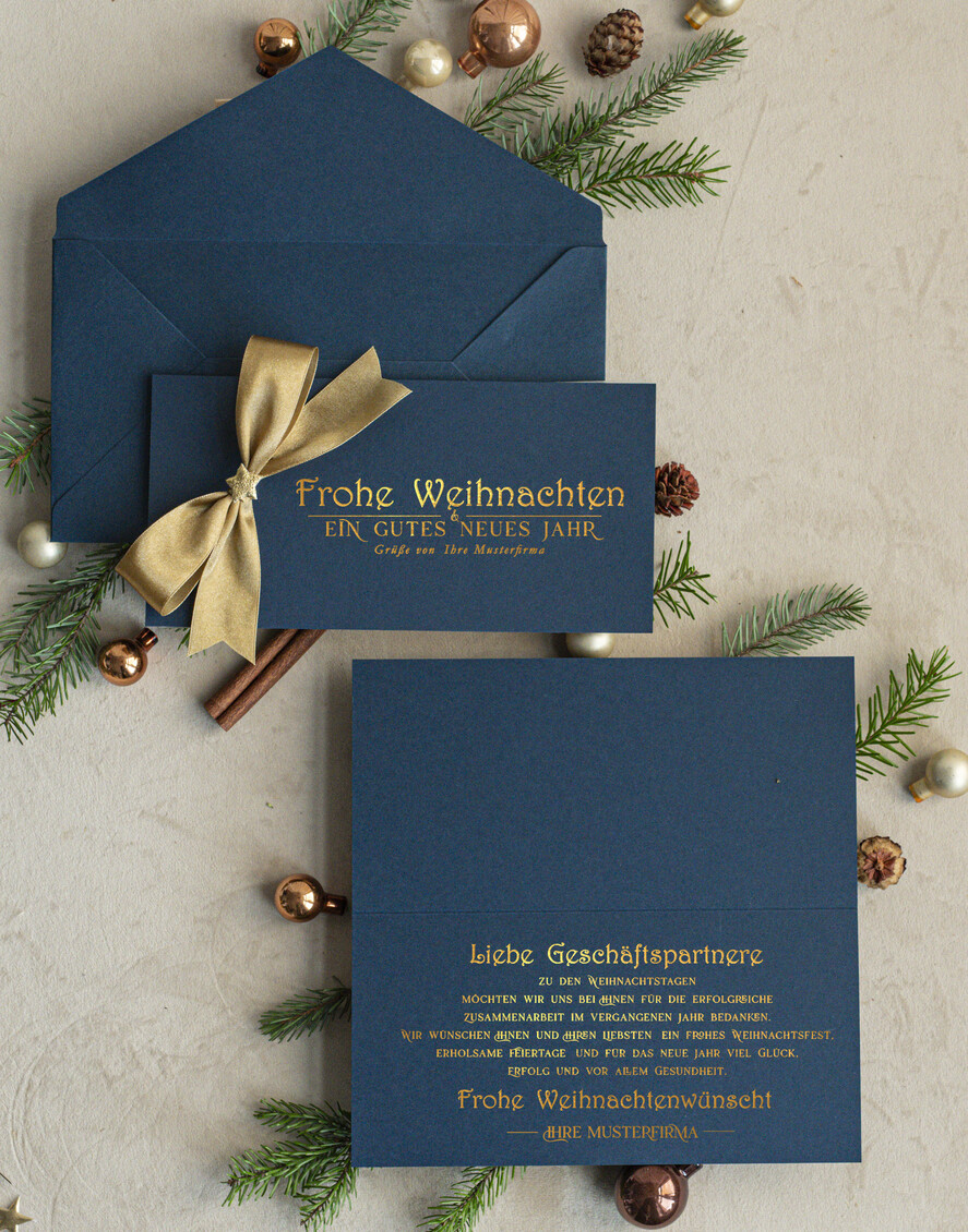 karten Satinband gold Weihnachtskarten mit Goldfolie, Exklusive Weihnachtskarten mit Schleife, Geschäftliche Weihnachtskarte edel, Weihnachtskarten mit Satinband, Individuelle Weihnachtskarten für Unternehmen