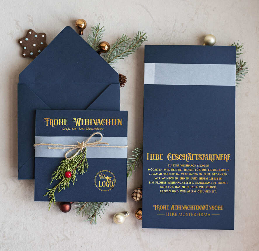 karten Satinband gold Weihnachtskarten mit Goldfolie, Exklusive Weihnachtskarten mit Schleife, Geschäftliche Weihnachtskarte edel, Weihnachtskarten mit Satinband, Individuelle Weihnachtskarten für Unternehmen