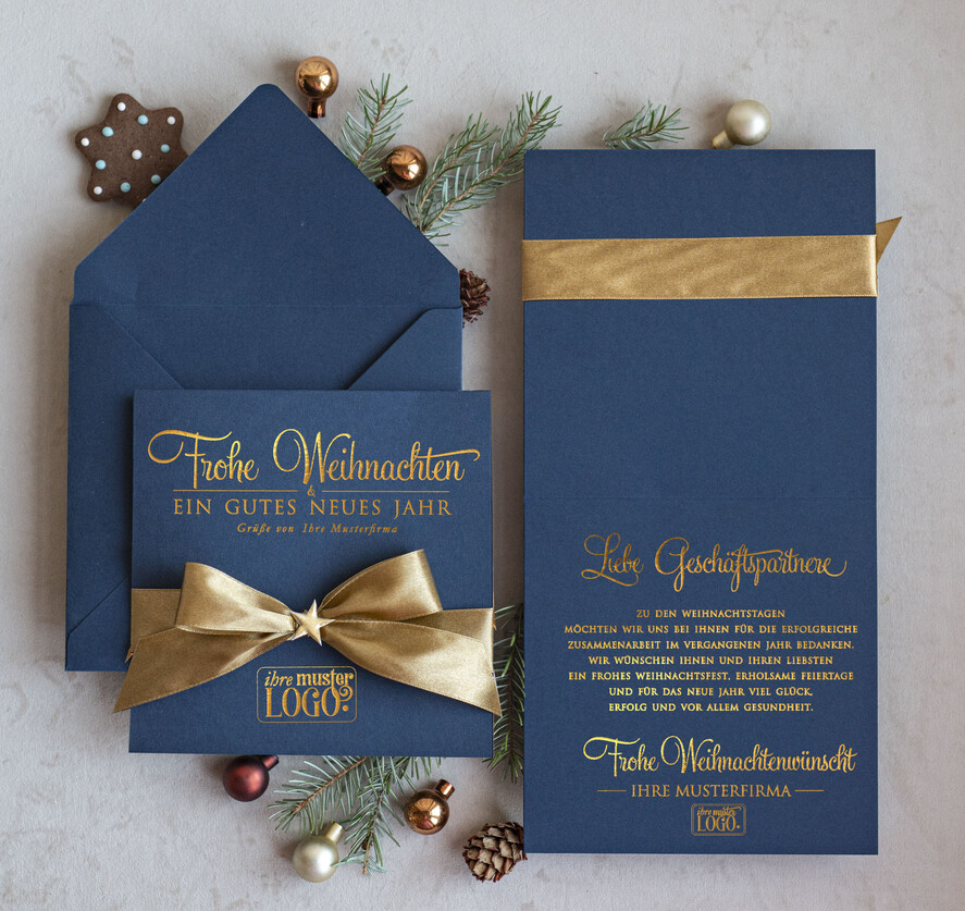 karten Satinband gold Weihnachtskarten mit Goldfolie, Exklusive Weihnachtskarten mit Schleife, Geschäftliche Weihnachtskarte edel, Weihnachtskarten mit Satinband, Individuelle Weihnachtskarten für Unternehmen
