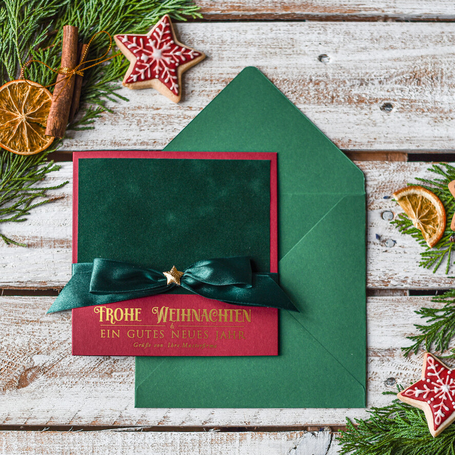 karten Satinband gold Weihnachtskarten mit Goldfolie, Exklusive Weihnachtskarten mit Schleifen, Elegante Firmen-Weihnachtskarten, Weihnachtskarten mit Bändern, Individuelle Weihnachtskarten für Firmen