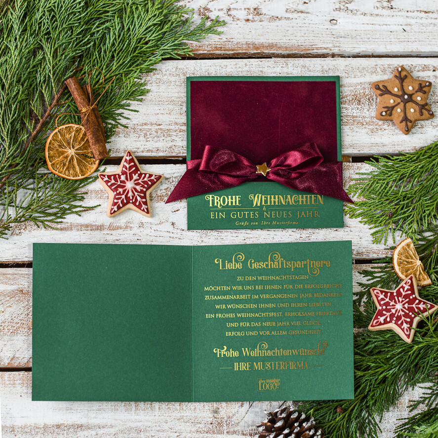 karten Satinband gold Weihnachtskarten mit Goldfolie, Exklusive Weihnachtskarten mit Schleifen, Elegante Firmen-Weihnachtskarten, Weihnachtskarten mit Bändern, Individuelle Weihnachtskarten für Firmen