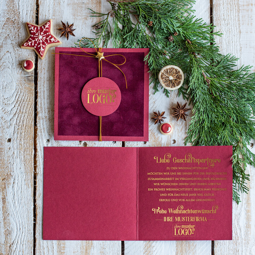 karten Satinband gold Weihnachtskarten mit Goldfolie, Exklusive Weihnachtskarten mit Schleifen, Elegante Firmen-Weihnachtskarten, Weihnachtskarten mit Bändern, Individuelle Weihnachtskarten für Firmen