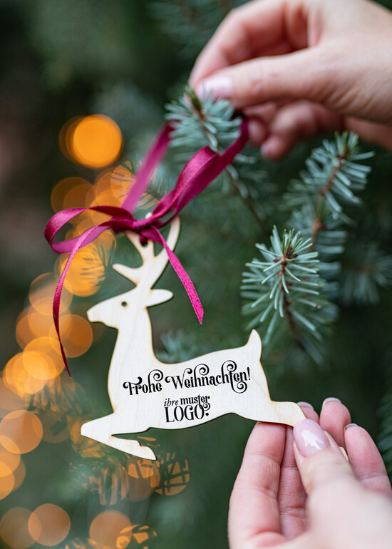 Anhänger  Wood Tag Exklusive aus Holz Weihnachtsanhänger mit individuellem Firmenlogo, Holz-Anhänger mit Schleife Firmen-Weihnachtskarten, mit Bändern, Individuelle für Firmen 07/holzWA/tag