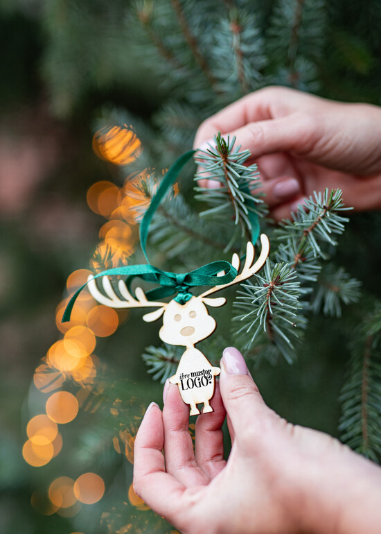 Anhänger  Wood Tag Exklusive aus Holz Weihnachtsanhänger mit individuellem Firmenlogo, Holz-Anhänger mit Schleife Firmen-Weihnachtskarten, mit Bändern, Individuelle für Firmen 09/holzWA/tag