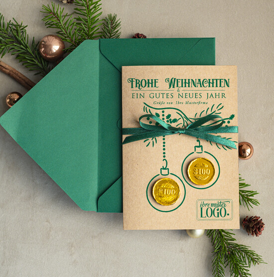 karten mit goldener Plexi-Anhänger Exklusive Weihnachtskarte mit Schokoladen-Taler mit Schleife, Firmen-Weihnachtskarten, mit Bändern, Individuelle für Firmen 01/PraGoldS/Wkten