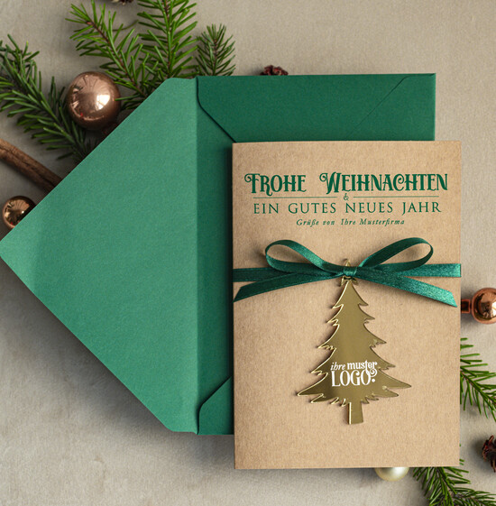 karten mit goldener Plexi-Anhänger Exklusive Weihnachtskarte mit goldenem Plexi-Anhänger, mit Schleife, Firmen-Weihnachtskarten, mit Bändern, Individuelle für Firmen 02/goldPA/Wkten