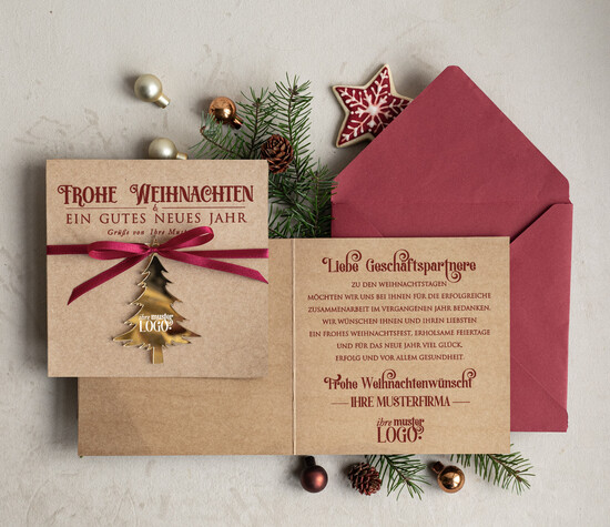 karten mit goldener Plexi-Anhänger Exklusive Weihnachtskarte mit goldenem Plexi-Anhänger, mit Schleife, Firmen-Weihnachtskarten, mit Bändern, Individuelle für Firmen 03/goldPA/Wkten