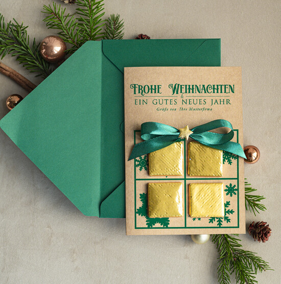 karten mit goldener Plexi-Anhänger Exklusive Weihnachtskarte mit Schokoladen-Taler mit Schleife, Firmen-Weihnachtskarten, mit Bändern, Individuelle für Firmen 02/PraGoldS/Wkten