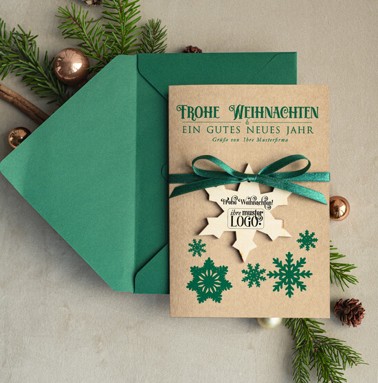 karten mit Anhänger aus Holz Exklusive Weihnachtskarte mit Holz-Anhänger mit Schleife, Firmen-Weihnachtskarten, mit Bändern, Individuelle für Firmen 05/ecoAh/Wkten