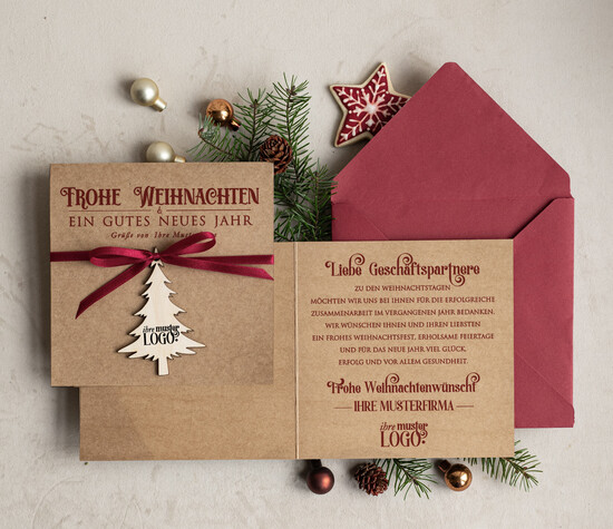 karten mit Anhänger aus Holz Exklusive Weihnachtskarte mit Holz-Anhänger mit Schleife, Firmen-Weihnachtskarten, mit Bändern, Individuelle für Firmen 01/ecoAh/Wkten