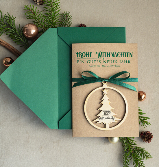 karten mit Anhänger aus Holz Exklusive Weihnachtskarte mit Holz-Anhänger mit Schleife, Firmen-Weihnachtskarten, mit Bändern, Individuelle für Firmen 04/ecoAh/Wkten