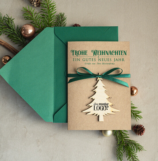karten mit Anhänger aus Holz Exklusive Weihnachtskarte mit Holz-Anhänger mit Schleife, Firmen-Weihnachtskarten, mit Bändern, Individuelle für Firmen 08/ecoAh/Wkten