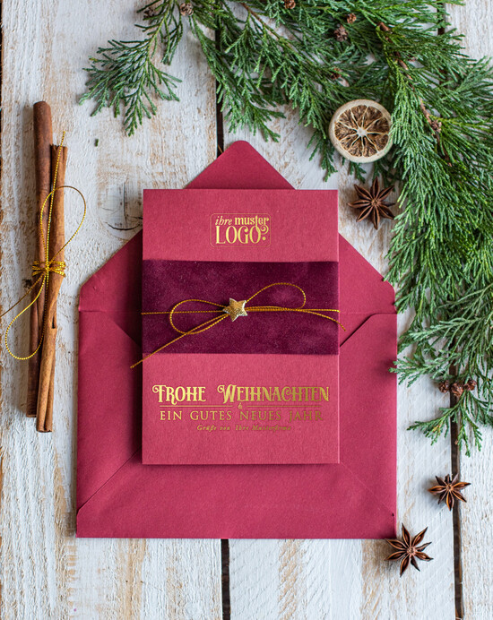 karten Satinband gold Weihnachtskarten mit Goldfolie, Exklusive Weihnachtskarten mit Schleifen, Elegante Firmen-Weihnachtskarten, Weihnachtskarten mit Bändern, Individuelle Weihnachtskarten für Firmen 01/velgold/Wkten