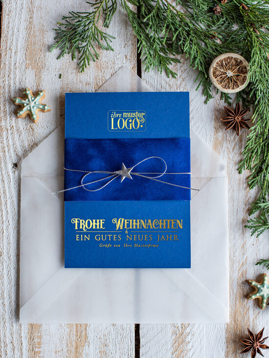 karten Satinband gold Weihnachtskarten mit Goldfolie, Exklusive Weihnachtskarten mit Schleifen, Elegante Firmen-Weihnachtskarten, Weihnachtskarten mit Bändern, Individuelle Weihnachtskarten für Firmen 02/velgold/Wkten