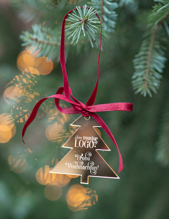 Anhänger  Gold tag Exklusive Weihnachtsanhänger mit individuellem Firmenlogo golden Plexi-Anhänger mit Schleife, Firmen-Weihnachtskarten, mit Bändern, Individuelle für Firmen 06/goldWA/tag