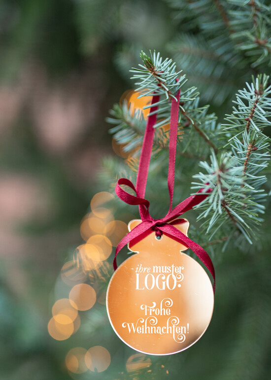 Anhänger  Gold tag Exklusive Weihnachtsanhänger mit individuellem Firmenlogo golden Plexi-Anhänger mit Schleife, Firmen-Weihnachtskarten, mit Bändern, Individuelle für Firmen 04/goldWA/tag