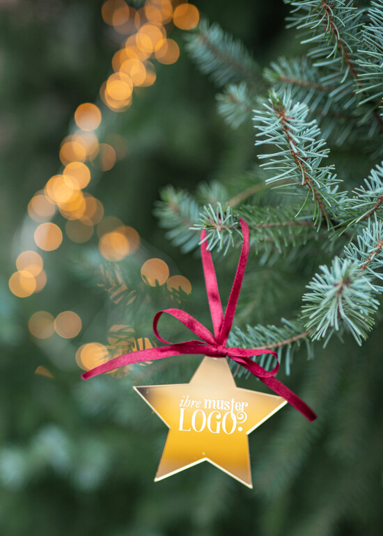 Anhänger  Gold tag Exklusive Weihnachtsanhänger mit individuellem Firmenlogo golden Plexi-Anhänger mit Schleife, Firmen-Weihnachtskarten, mit Bändern, Individuelle für Firmen 01/goldWA/tag