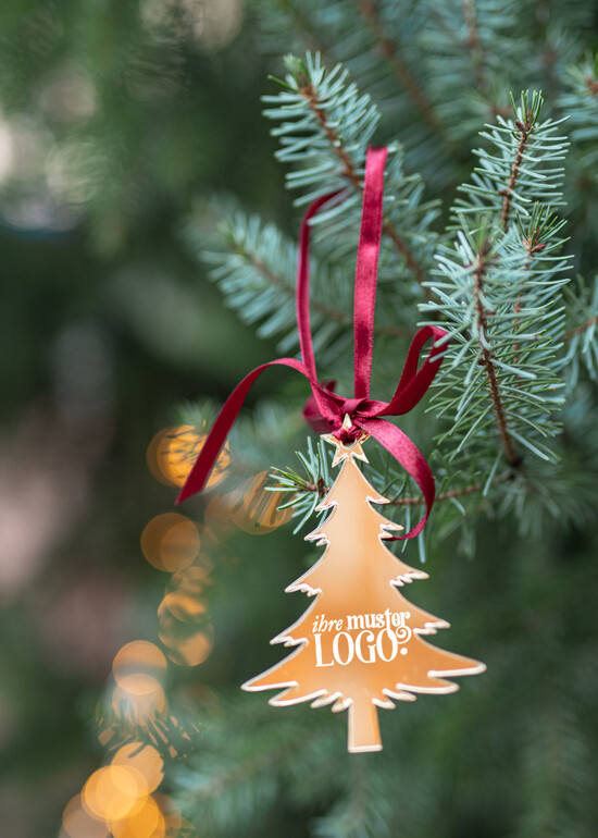 Anhänger  Gold tag Exklusive Weihnachtsanhänger mit individuellem Firmenlogo golden Plexi-Anhänger mit Schleife, Firmen-Weihnachtskarten, mit Bändern, Individuelle für Firmen 05/goldWA/tag