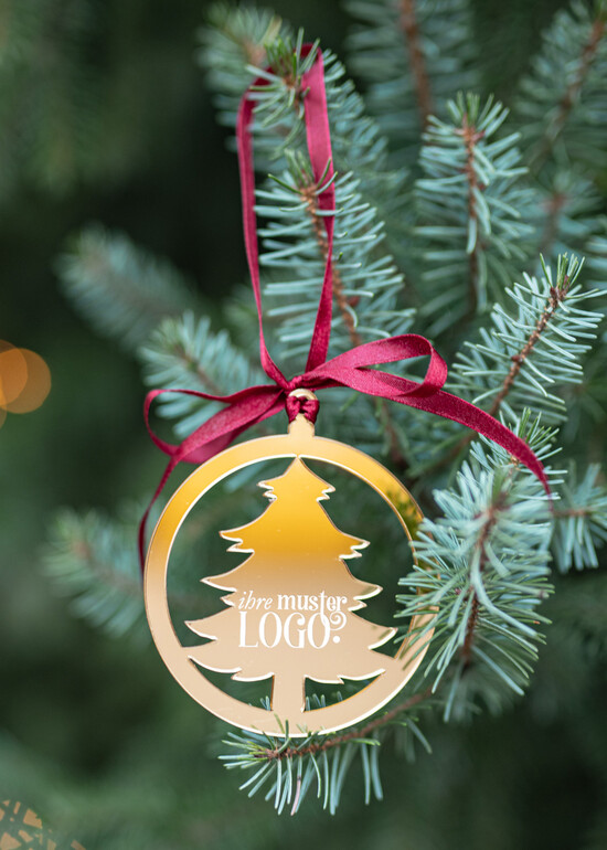 Anhänger  Gold tag Exklusive Weihnachtsanhänger mit individuellem Firmenlogo golden Plexi-Anhänger mit Schleife, Firmen-Weihnachtskarten, mit Bändern, Individuelle für Firmen 02/goldWA/tag