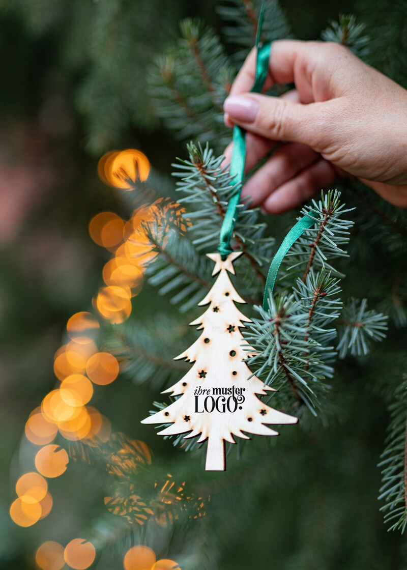 Anhänger  Wood Tag Exklusive aus Holz Weihnachtsanhänger mit individuellem Firmenlogo, Holz-Anhänger mit Schleife Firmen-Weihnachtskarten, mit Bändern, Individuelle für Firmen