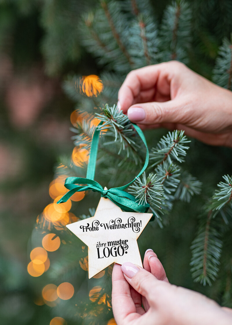 Anhänger  Wood Tag Exklusive aus Holz Weihnachtsanhänger mit individuellem Firmenlogo, Holz-Anhänger mit Schleife Firmen-Weihnachtskarten, mit Bändern, Individuelle für Firmen