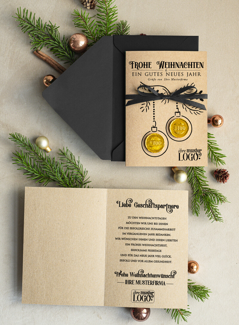 karten mit goldener Plexi-Anhänger Exklusive Weihnachtskarte mit Schokoladen-Taler mit Schleife, Firmen-Weihnachtskarten, mit Bändern, Individuelle für Firmen