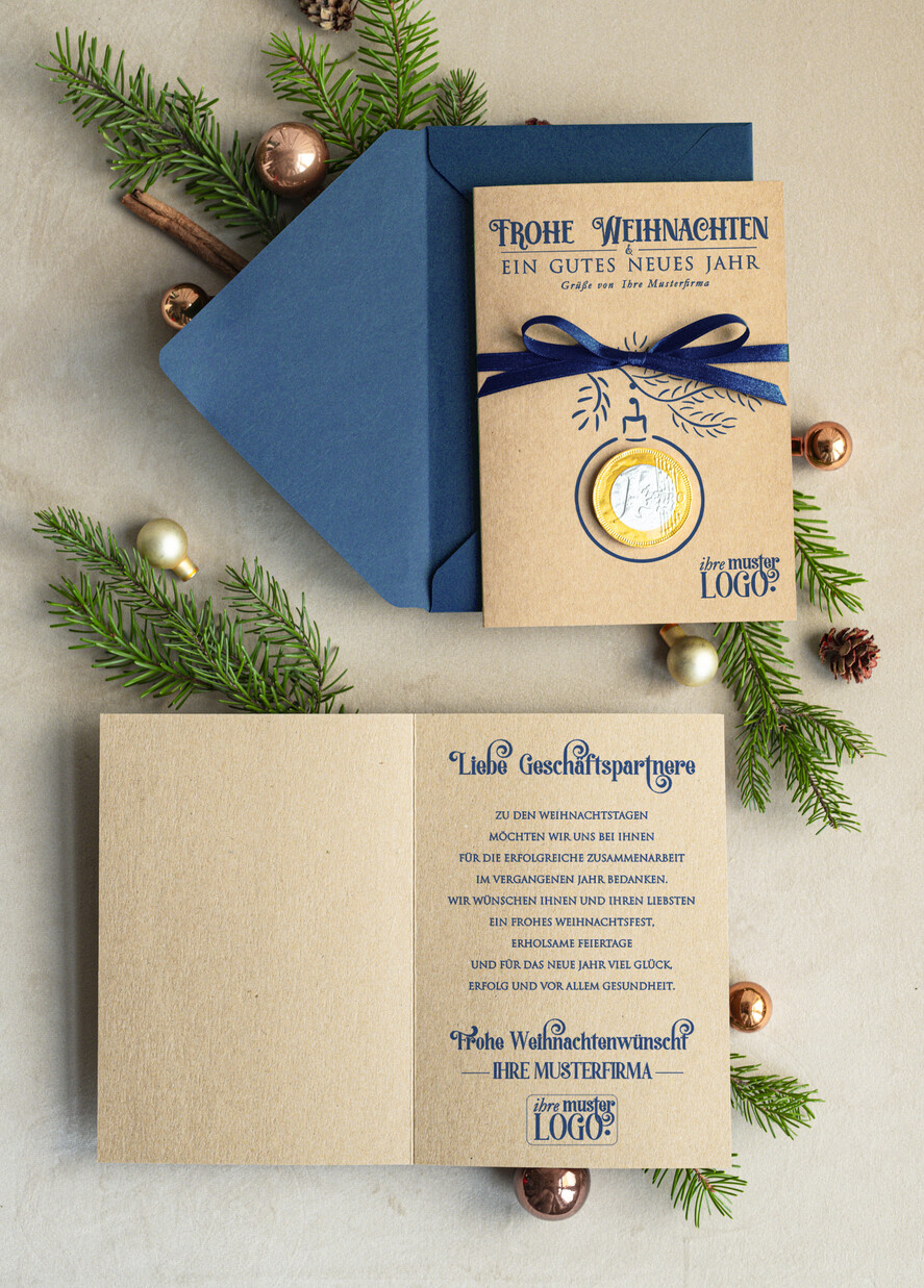 karten mit goldener Plexi-Anhänger Exklusive Weihnachtskarte mit Schokoladen-Taler mit Schleife, Firmen-Weihnachtskarten, mit Bändern, Individuelle für Firmen